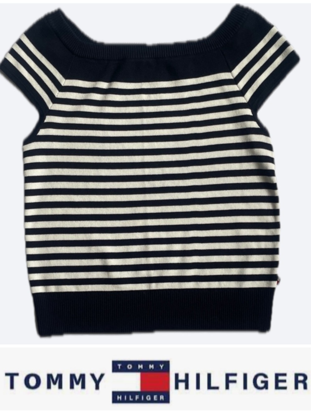 Tommy Hilfiger Navy White Striped Knit Short Sleeve Top M